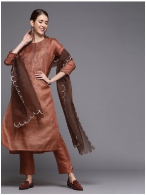 Women Brown Embroidered Silk Blend Kurta with Trousers & Dupatta